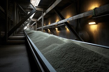 conveyor belt carrying crushed stones in a cement plant - obrazy, fototapety, plakaty