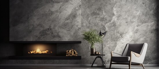 In an abstract and vintage interior design, the textured white wall, resembling the grainy texture of sandpaper, contrasts with the black marble construction, creating a stunning architectural