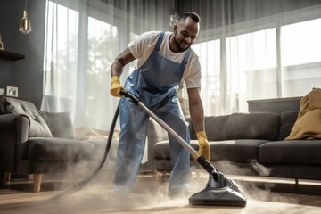 Fototapeta premium African american ethnicity Man from professional cleaner service, clean the flat