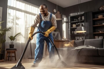 African american ethnicity Man from professional cleaner service, clean the flat