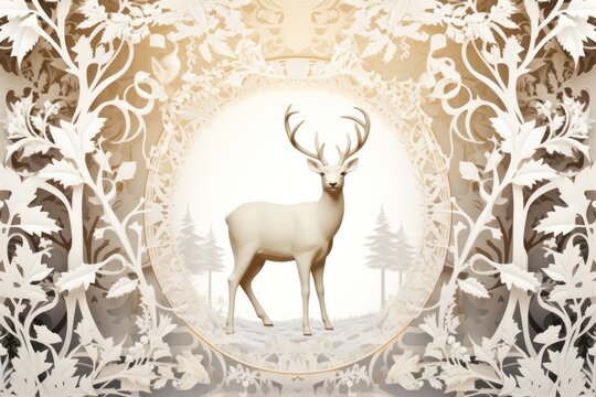  a picture of a deer in the middle of a forest with trees in the background and a circular frame with a picture of a deer in the middle of the middle of the frame.