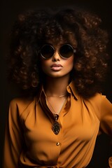 A portrait of a beautiful black woman with afro hair and glasses posing for a photo.