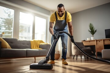African american ethnicity Man from professional cleaner service, clean the flat - obrazy, fototapety, plakaty