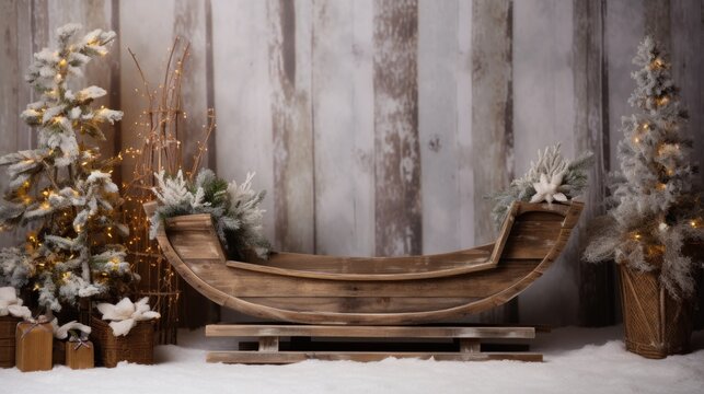 A rustic wooden sled leaning against a wall with a backdrop of snowflakes and evergreen branches