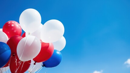balloons in patriotic colors floating against a bright blue sky - Powered by Adobe