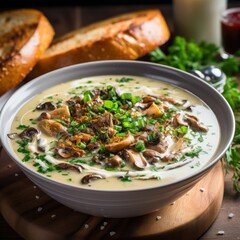 A rich mushroom soup with earthy shiitake mushrooms and a swirl of cream for added decadence