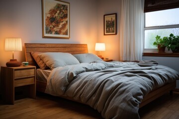 bedroom with a fluffy comforter, wooden bed frame, and bedside table with a lamp