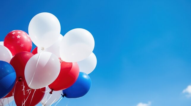 balloons in patriotic colors floating against a bright blue sky
