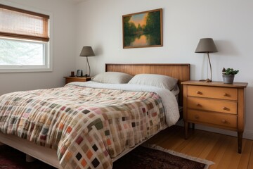 bedroom with a fluffy quilt, wooden bed frame, and side table with a lamp