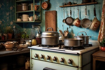 kitchen with vintage cooking utensils and a pot of soup on stove