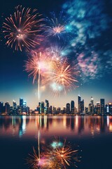 A stunning fireworks display lighting up the night sky above a city skyline - obrazy, fototapety, plakaty
