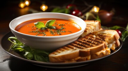 A steaming bowl of tomato soup with a grilled cheese sandwich on the side, - obrazy, fototapety, plakaty