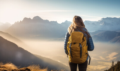 Female hiker traveling, walking alone Italian Dolomites under sunset light. Woman traveler enjoys with backpack hiking in mountains. Travel, adventure, relax, recharge concept.. - obrazy, fototapety, plakaty