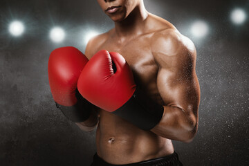 Professional boxer guy with red gloves over sport arena background