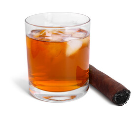 Glass of whiskey and burnt cigar isolated on white