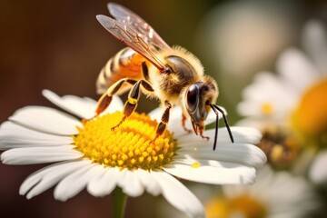 a honey bee collecting nectar from a blooming chamomile flower