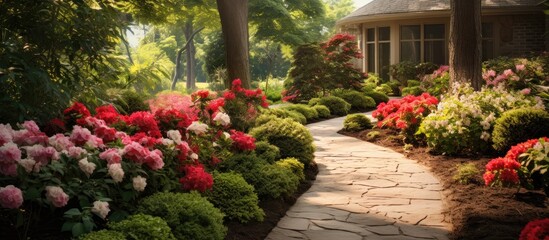 In the midst of a vibrant summer garden, a family admired the colorful growth and beautiful nature surrounding them, with red flowers and green leaves framing the stunning design. The stone pathway