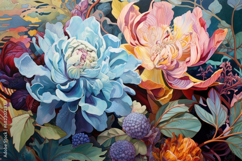 Poster a close up of a painting of flowers with leaves on the bottom and bottom of the painting on the bott