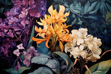  a painting of a bunch of flowers on a black background with purple, yellow, and white flowers in the middle of the picture and green leaves on the bottom of the picture.