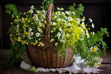 handpicked chamomile flowers arranged in a rustic basket