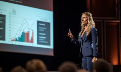 Business Woman on stage at conference holding a presentation - obrazy, fototapety, plakaty