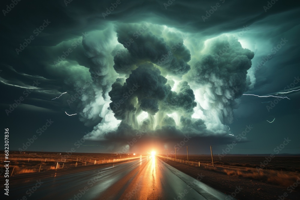 Poster an image of a large storm coming in from the sky over a highway with a car driving down the road in 