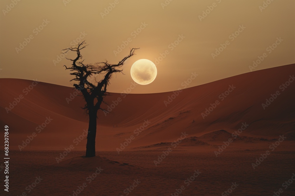 Poster a lone tree in the middle of a desert with the sun setting in the background and a distant object in