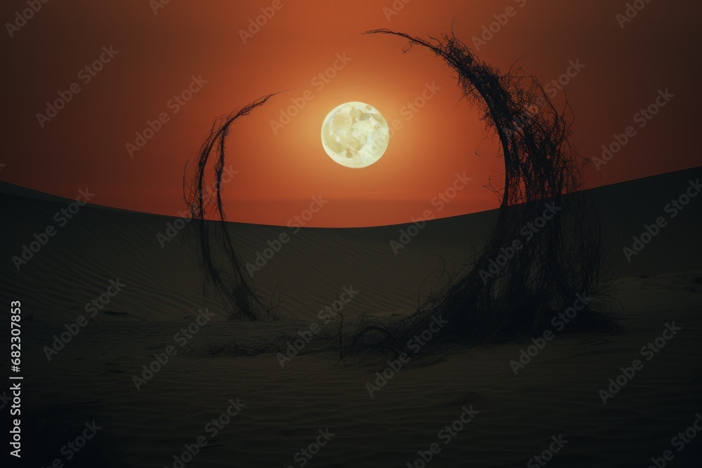Poster the sun is setting over a desert with a tree branch in the foreground and a full moon in the middle 