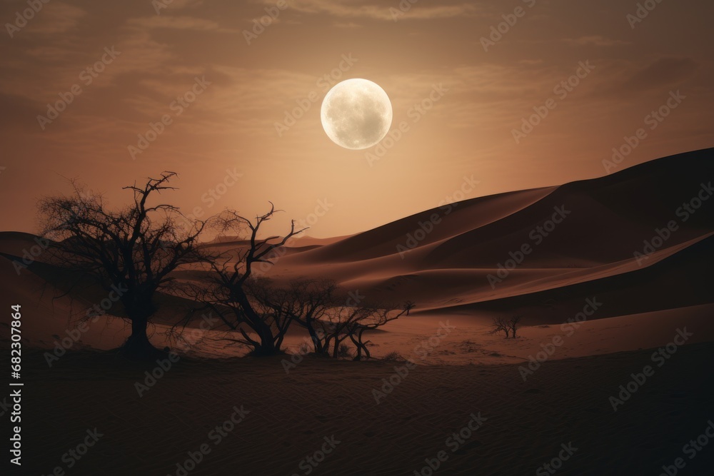 Poster  a full moon setting over a desert with a tree in the foreground and a few bushes in the foreground, and a dark sky with a few clouds.
