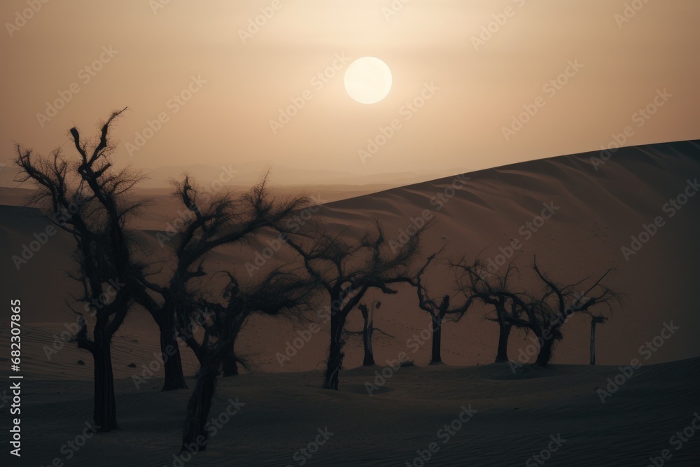Aufkleber a group of trees in the middle of a desert with the sun setting in the distance behind them and the 