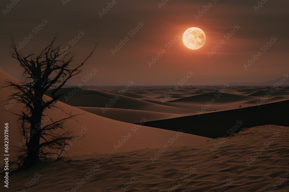 Poster a full moon over a desert landscape with a lone tree in the foreground and a lone tree in the foregr