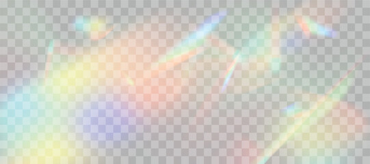 Blurred rainbow refraction overlay effect. Light lens prism effect on transparent background. Holographic reflection, crystal flare leak shadow overlay. Vector abstract illustration. - obrazy, fototapety, plakaty