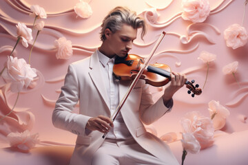 A musician lost in the melody, the pastel backdrop resonating with the harmonious notes of the...