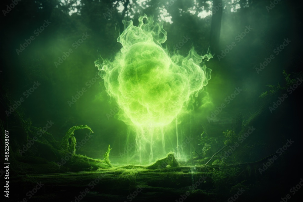 Poster a green fireball in the middle of a forest filled with lots of trees and a person laying on the grou