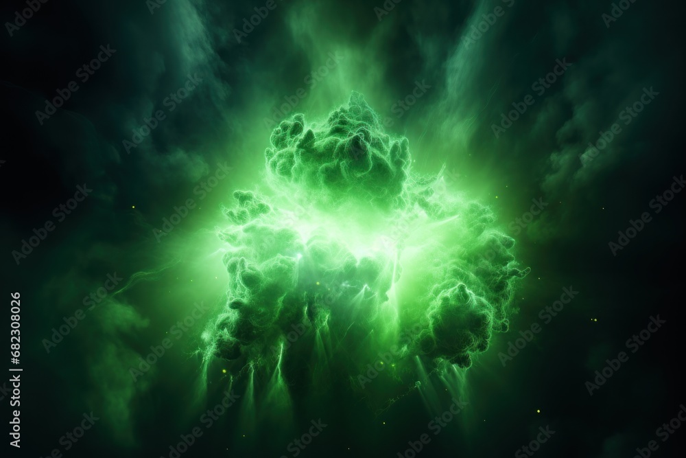 Poster a large green object in the middle of a dark sky with clouds and a star in the center of the image, 