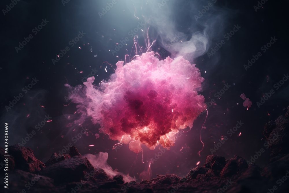 Poster a pink cloud of smoke floating on top of a pile of rocks on a dark background with a bright light sh