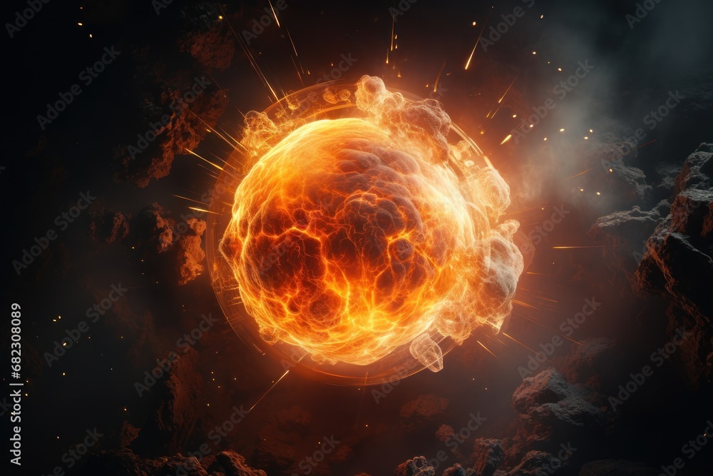 Poster a computer generated image of a ball of fire in the middle of a dark sky with clouds and stars aroun