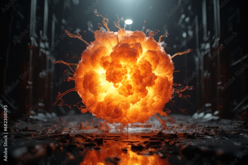 Poster a close up of a ball of fire on a reflective surface with a bright light in the background and a ref