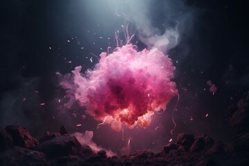  a pink cloud of smoke floating on top of a pile of rocks on a dark background with a bright light shining in the center of the cloud and behind it.