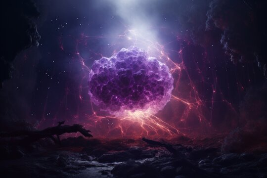  a purple ball of fire in the middle of a dark sky with a bright light coming out of the center of the image and a person standing in the foreground.