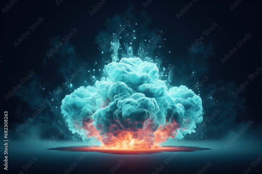Poster a blue and red cloud of smoke floating on top of a black surface with a red light at the end of the 