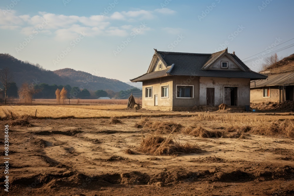 Poster a house in the middle of a field with a mountain in the backgrouund and a person standing in the yar