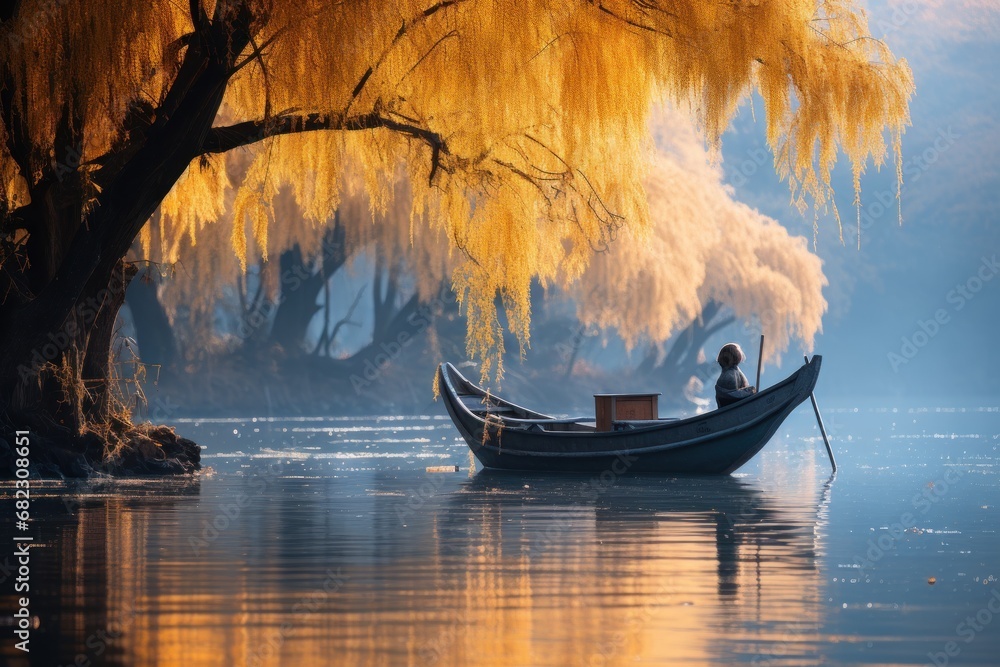 Poster a man sitting in a boat on a lake in front of a tree with a yellow leafy tree in the foreground and 