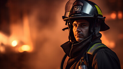 Firefighter with a building on fire in the background
