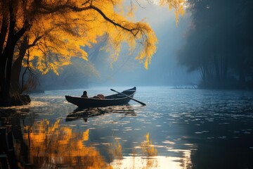  a man and a woman in a row boat on a lake with trees in the background and the sun shining through...