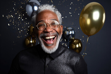 Happy Mature African American man with Grey Hair Celebrating New Years Party on a black Background with Space for Copy - obrazy, fototapety, plakaty