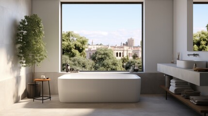 Contemporary design of bathroom with window in new flat, and city view from window