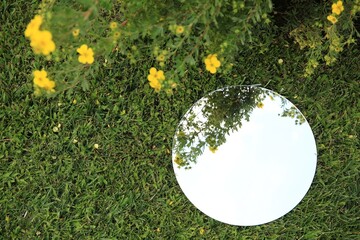 Round mirror on green grass reflecting sky and beautiful flowers, top view