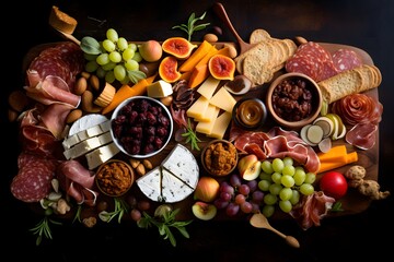 A diverse charcuterie board adorned with an array of gourmet snacks - obrazy, fototapety, plakaty
