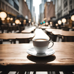 Fototapeta premium Vista de una taza de café sobre una mesa de madera. Terraza exterior de una cafetería. Ambiente relajante. Hecho con IA.